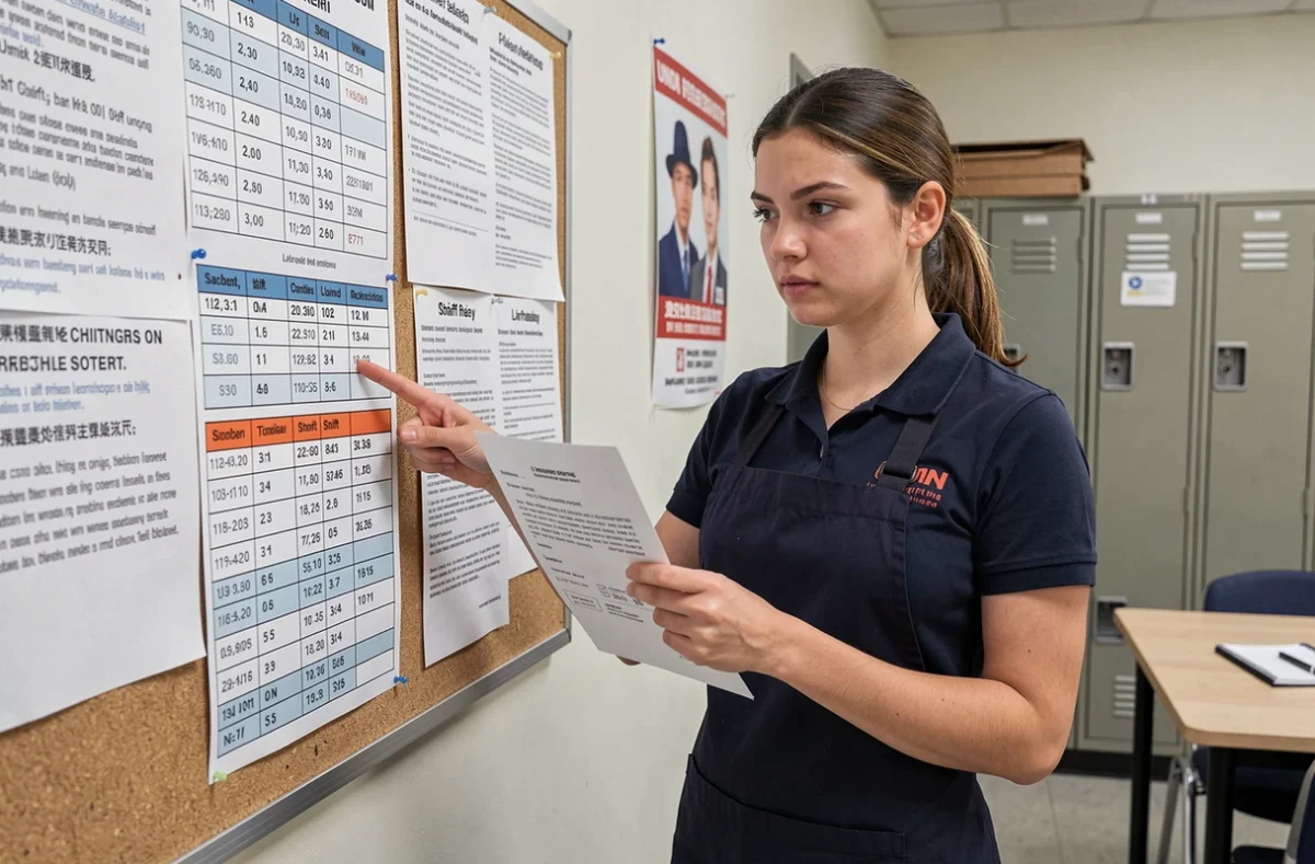Une employée en uniforme de commerce consulte son contrat de travail et le planning affiché dans la salle de pause pour négocier plus d'heures