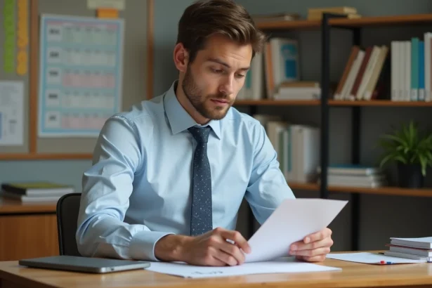 Jeune enseignant examine sa fiche de paie dans une salle de personnel