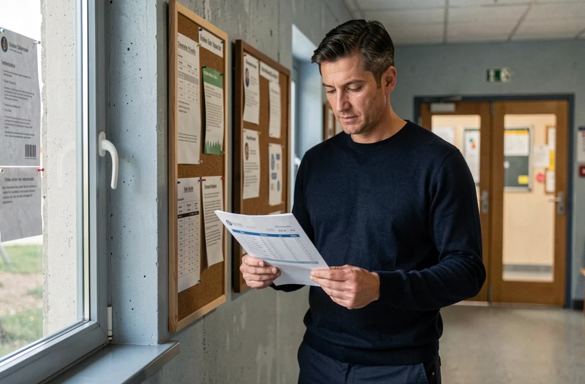 Enseignant consultant sa fiche de paie dans un couloir scolaire pour connaître la date de paiement de son salaire 2026
