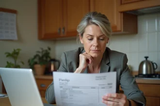 Professeure femme examine une fiche de paie dans sa cuisine chaleureuse