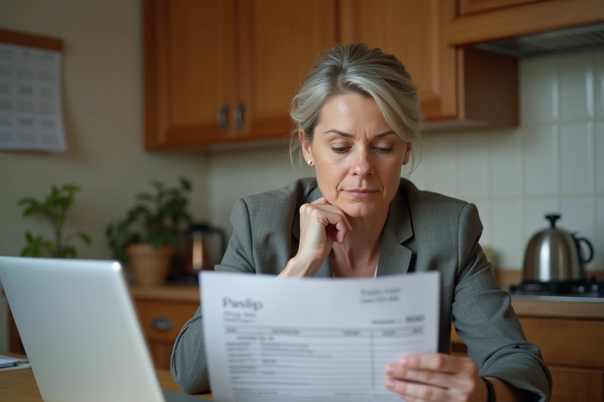 Professeure femme examine une fiche de paie dans sa cuisine chaleureuse