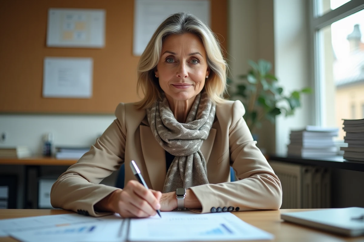 Enseignante expérimentée remplissant une fiche de salaire dans un bureau