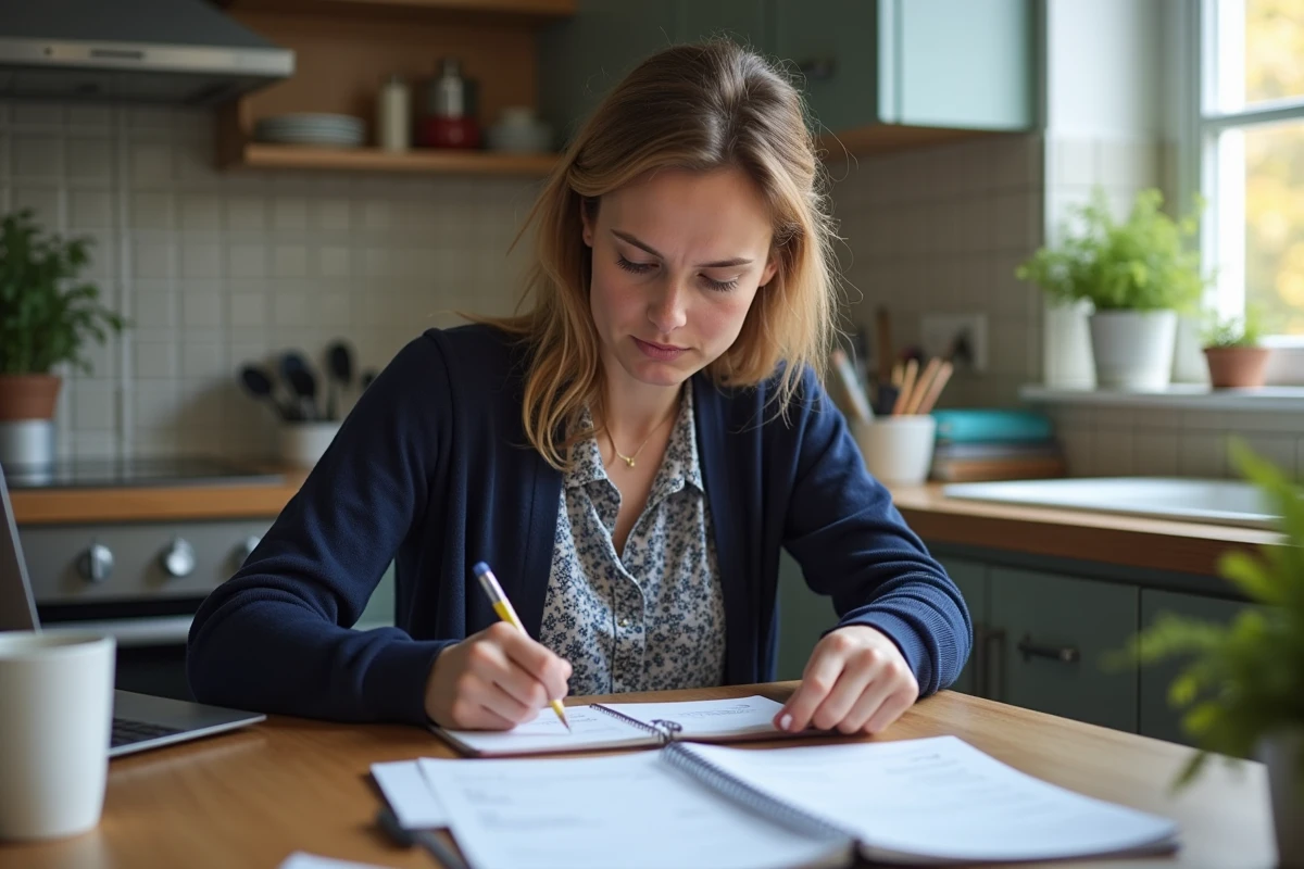 Jeune enseignante à la maison consulte sa fiche de paie et prend des notes