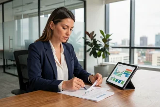 Femme cadre analysant des documents d'épargne salariale sur tablette dans un bureau moderne