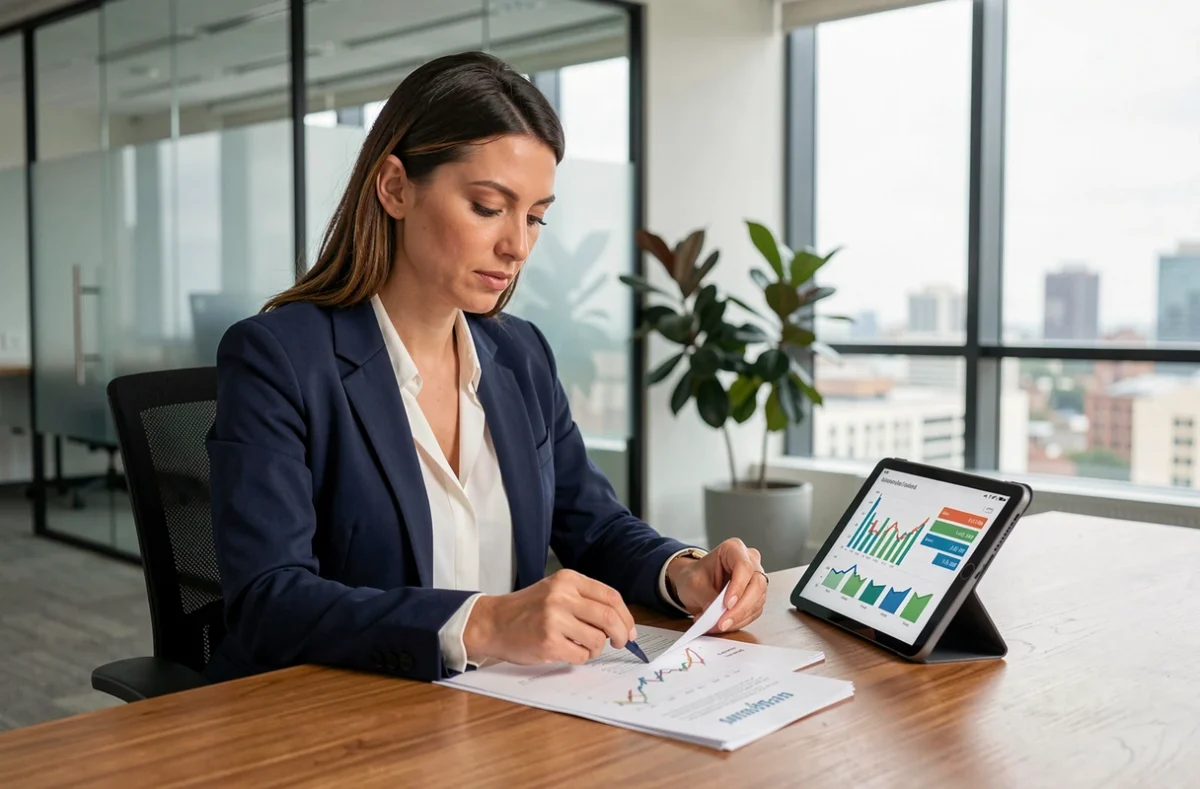 Femme cadre analysant des documents d'épargne salariale sur tablette dans un bureau moderne