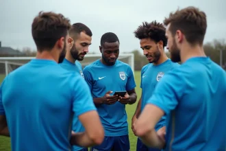 Équipe de football réunie autour d'un smartphone pour gérer une cagnotte sportive en ligne sur le terrain
