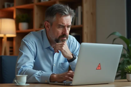 Homme frustré devant son ordinateur portable affichant une erreur de connexion bancaire Cyberplus bp du Sud