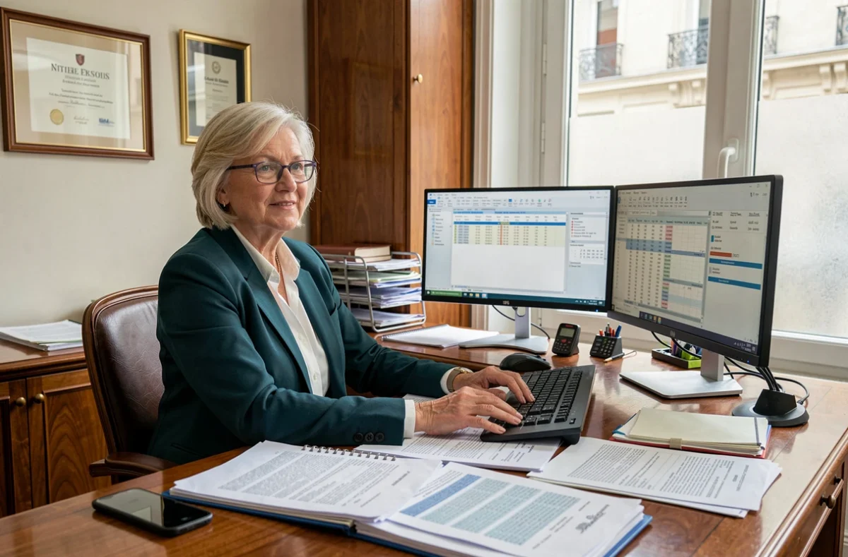 Experte-comptable senior d'Exco Paris-Ace Essonne examinant des dossiers d'audit dans son bureau