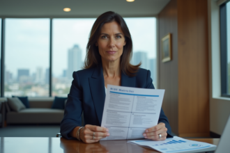 Femme d'affaires en costume navy avec document BCG