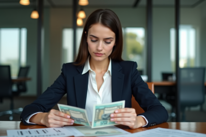 Femme d affaires examine deux billets de banque