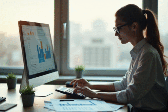Femme d'affaires dans un bureau moderne utilisant une calculatrice et des documents avec graphiques