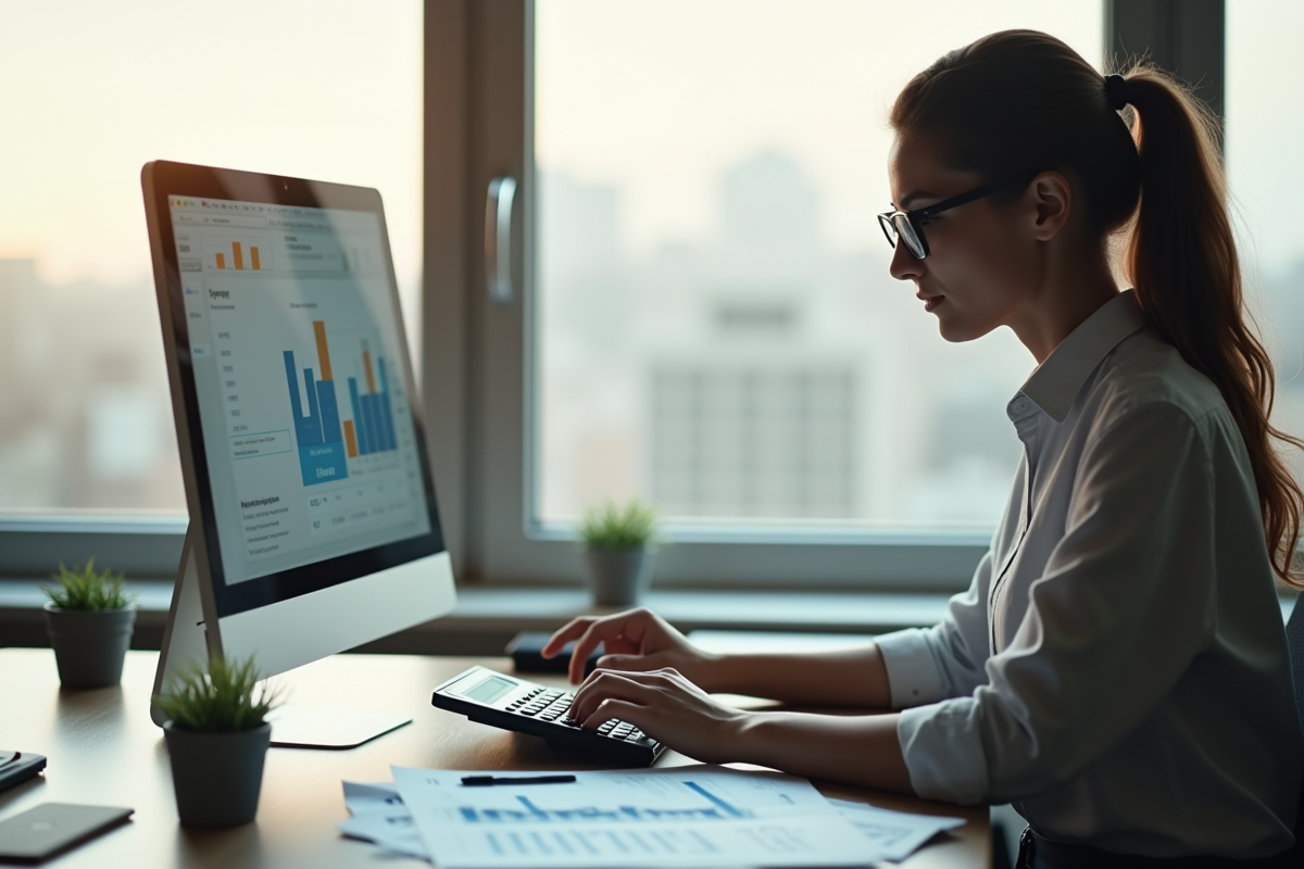 Femme d'affaires dans un bureau moderne utilisant une calculatrice et des documents avec graphiques