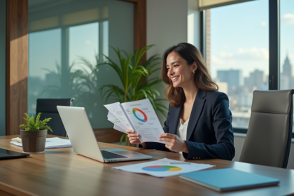 Femme confiante en blazer et jeans dans un bureau moderne
