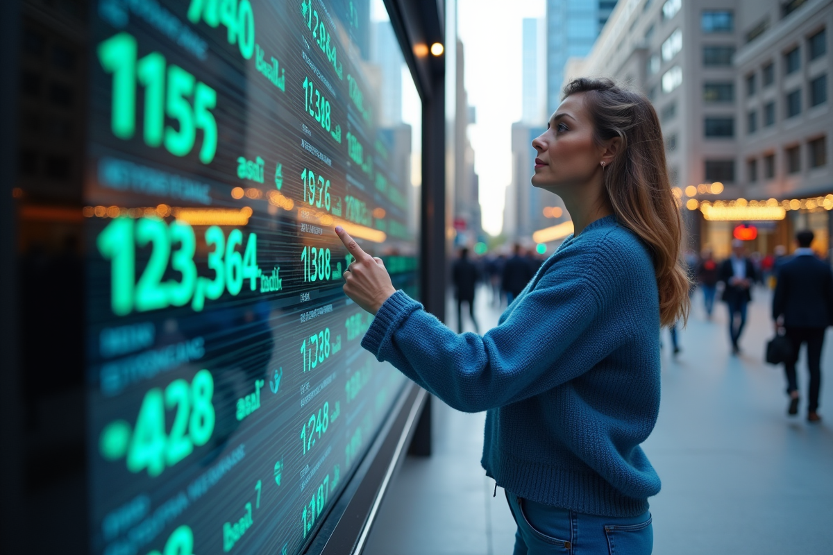 Femme pointant un affichage de taux de cryptomonnaie en ville
