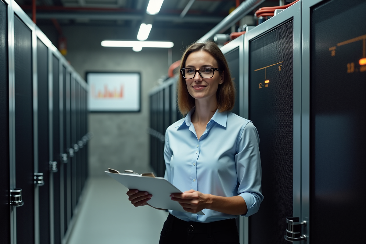 Femme analysant des Antminer dans un espace industriel