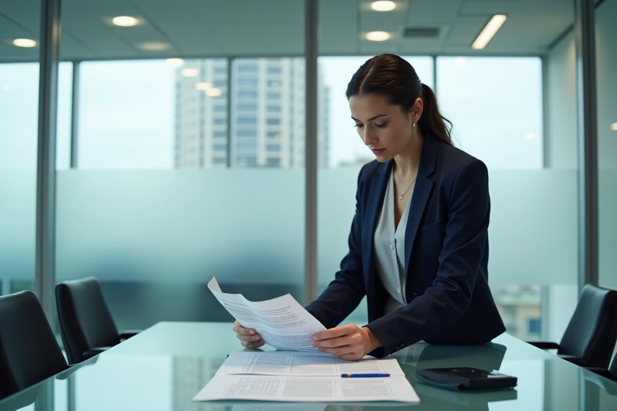 Femme analysant un avis de créance publique dans un bureau administratif moderne