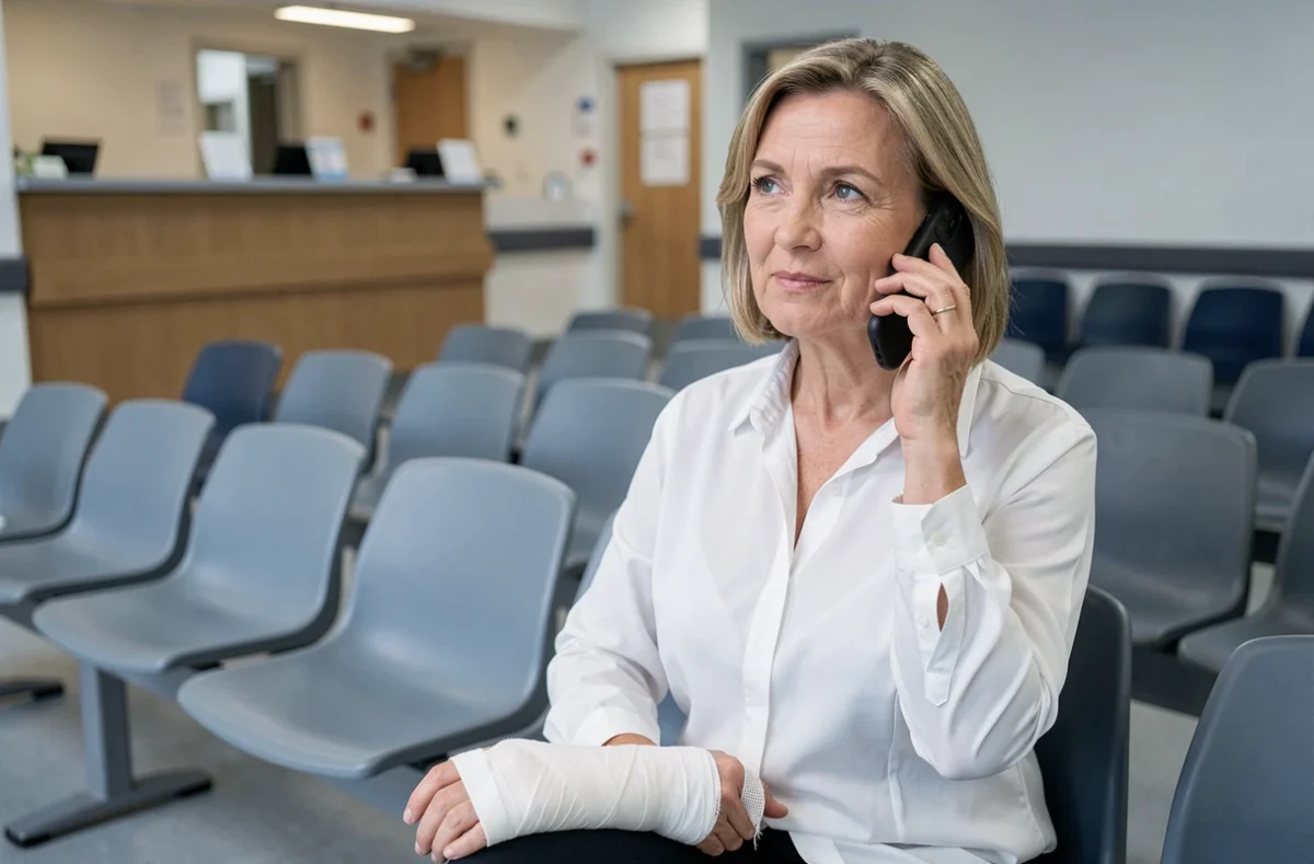 Femme blessée appelant son assistance voyage depuis une salle d'attente d'hôpital à l'étranger