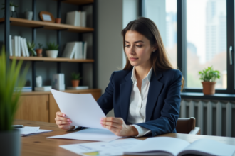 Jeune femme d'affaires examine des documents d'assurance dans un bureau moderne
