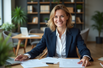 Femme professionnelle en bureau examinant des documents d'assurance