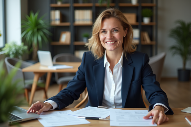 Femme professionnelle en bureau examinant des documents d'assurance