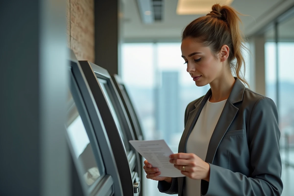 Jeune femme au guichet bancaire regardant son ticket