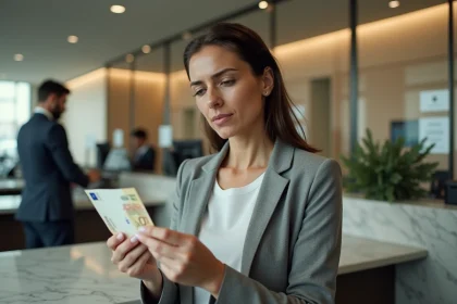 Femme tenant un billet de 100 euros et un reçu de change dans une banque moderne, illustrant les frais cachés de conversion euro-dollar