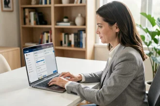 Femme professionnelle paramétrant ses alertes bancaires Société Générale sur son ordinateur portable dans un bureau à domicile moderne