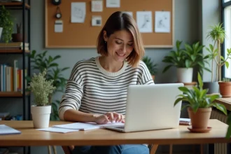 Femme dans son bureau créatif avec notes et ordinateur