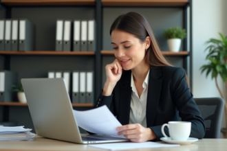 Femme en tenue professionnelle examine un document officiel