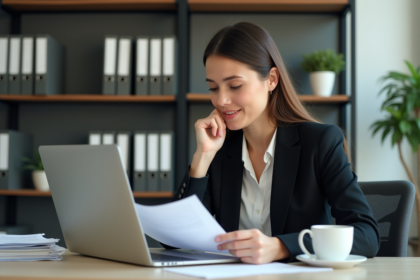 Femme en tenue professionnelle examine un document officiel