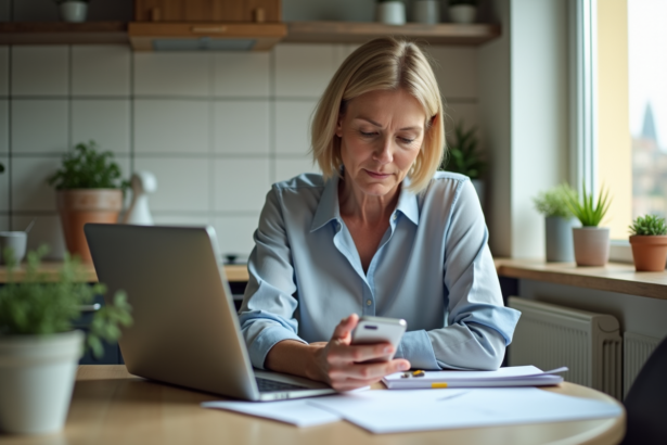 Femme d'âge moyen au bureau cuisine avec ordinateur et papiers