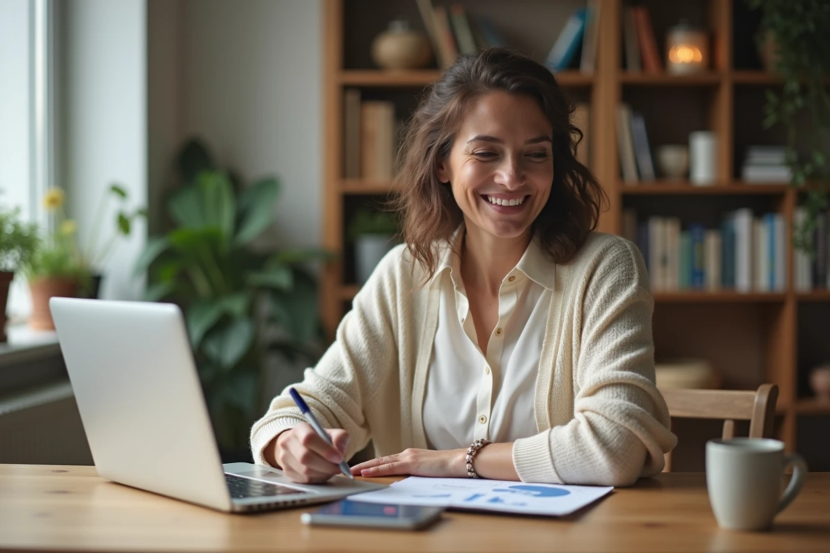 Femme concentrée travaillant sur un ordinateur à la maison