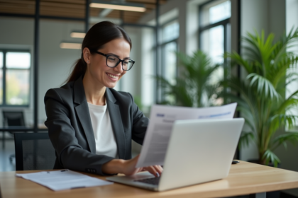 Femme d affaires souriante au bureau moderne