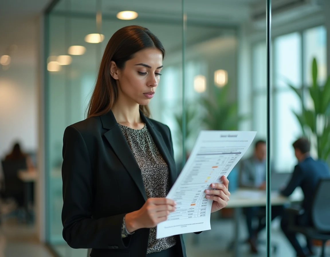 Femme cadre marocaine analysant une grille de salaires dans un bureau moderne, représentant les revenus professionnels au Maroc