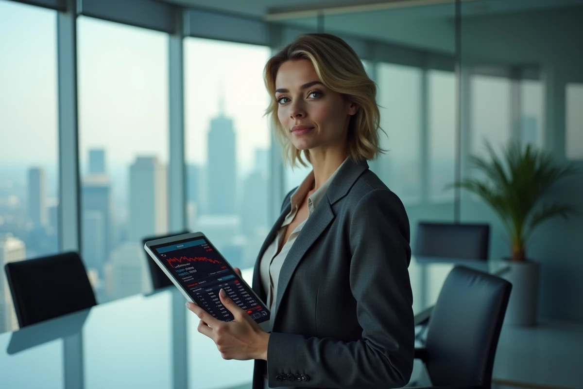 Femme cadre financière consultant les horaires d'ouverture des bourses mondiales sur une tablette dans un bureau en hauteur