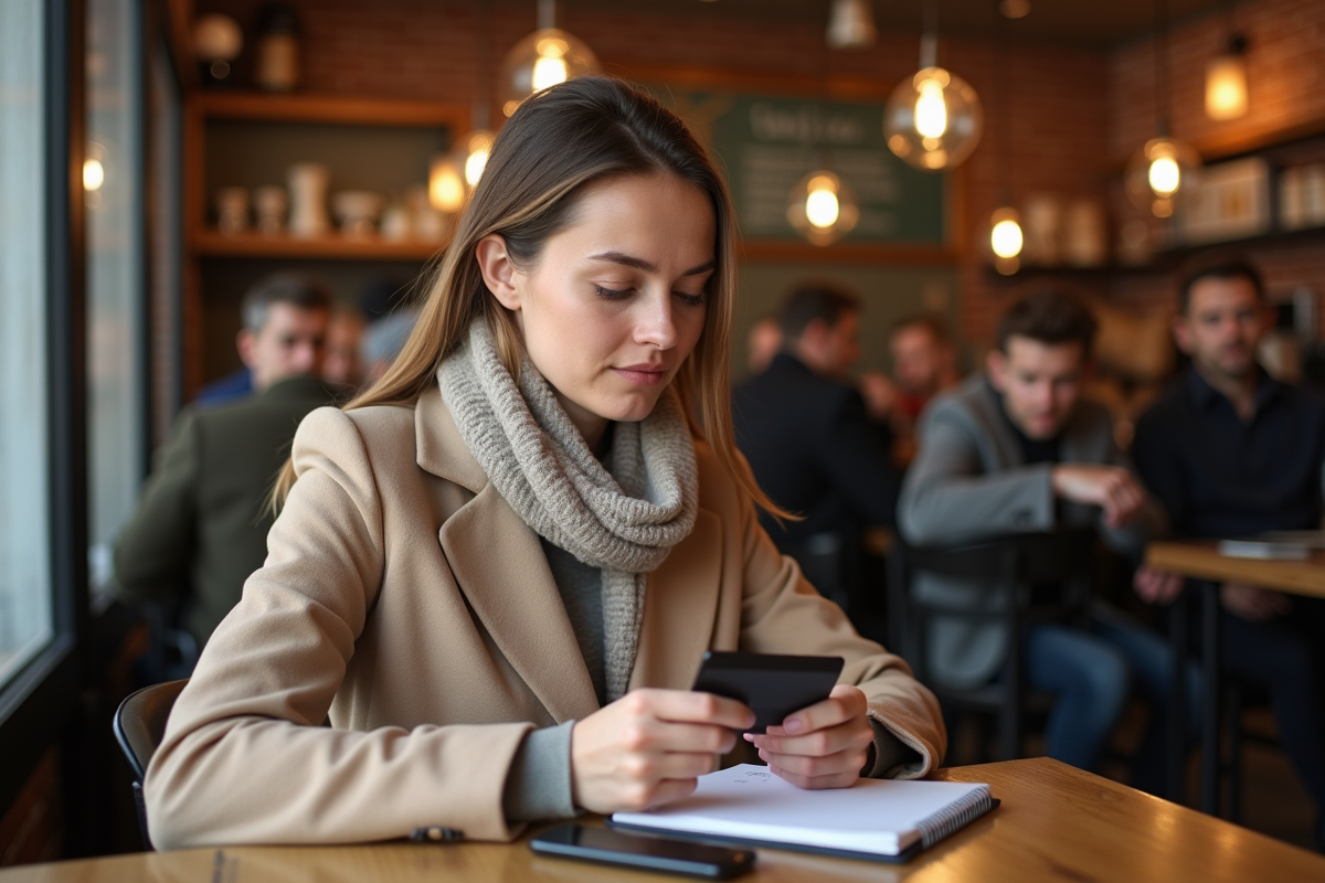 Femme assise dans un café examinant une carte bancaire