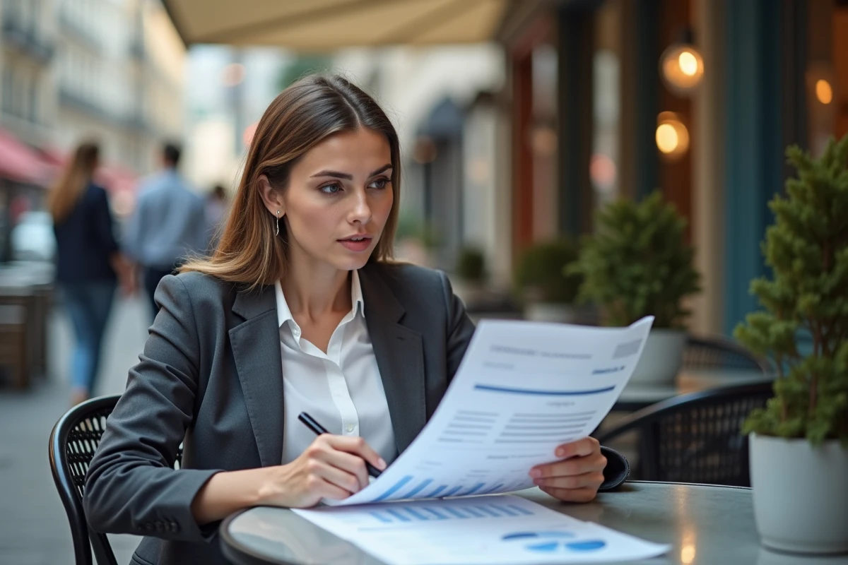 Jeune femme au café analysant un rapport financier