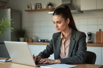Femme concentrée utilisant un calculateur de prêt immobilier à la maison