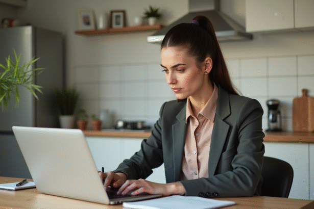 Femme concentrée utilisant un calculateur de prêt immobilier à la maison