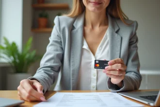 Femme consultant son relevé bancaire avec une carte Mastercard Crédit Agricole à la main dans un bureau moderne