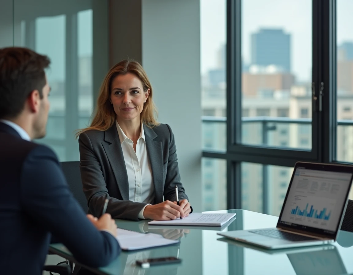 Femme consultant un conseiller financier pour comparer des offres d'assurance emprunteur en agence