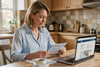 Femme de 40 ans comparant des offres d'assurance mutuelle santé à son bureau dans une cuisine moderne