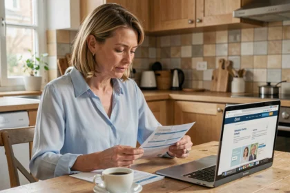 Femme de 40 ans comparant des offres d'assurance mutuelle santé à son bureau dans une cuisine moderne