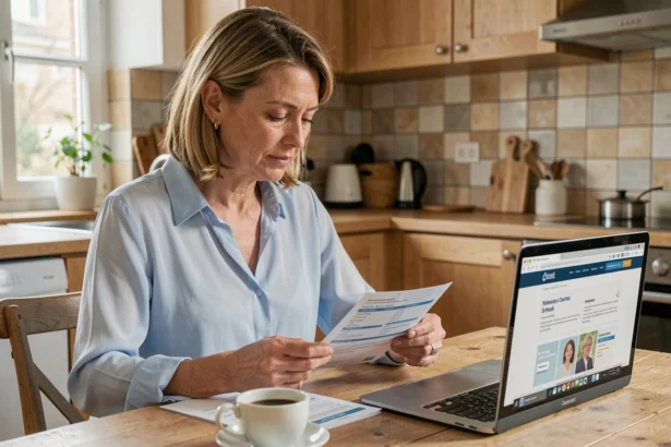 Femme de 40 ans comparant des offres d'assurance mutuelle santé à son bureau dans une cuisine moderne