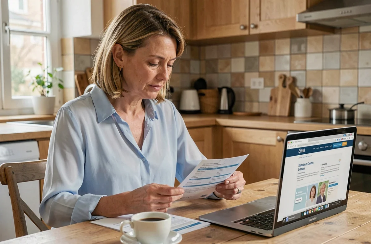 Femme de 40 ans comparant des offres d'assurance mutuelle santé à son bureau dans une cuisine moderne