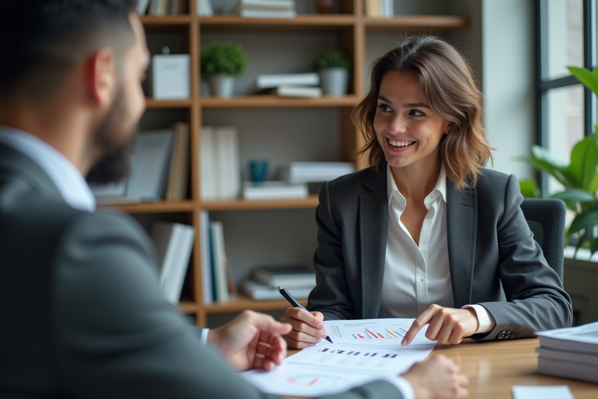 Jeune femme en costume discutant avec un conseiller bancaire