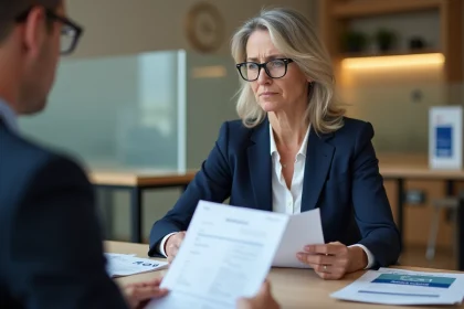Femme consultant un conseiller bancaire au sujet d'un contrat d'assurance vie à La Banque Postale, air préoccupé