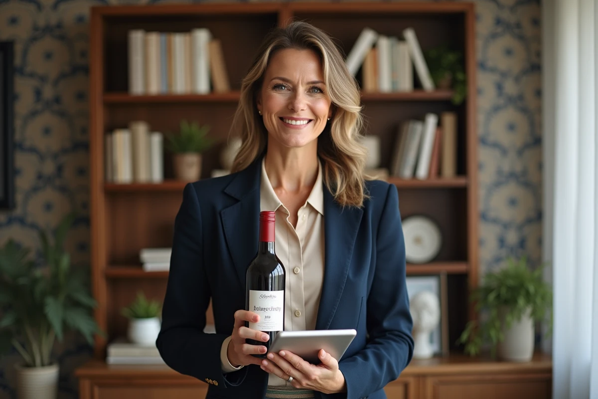 Femme souriante avec bouteille de vin et tablette dans un intérieur chaleureux