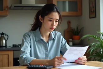 Jeune femme examinant un bulletin de salaire à la maison