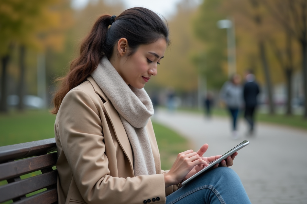 Femme utilisant une tablette pour une transaction crypto en plein air